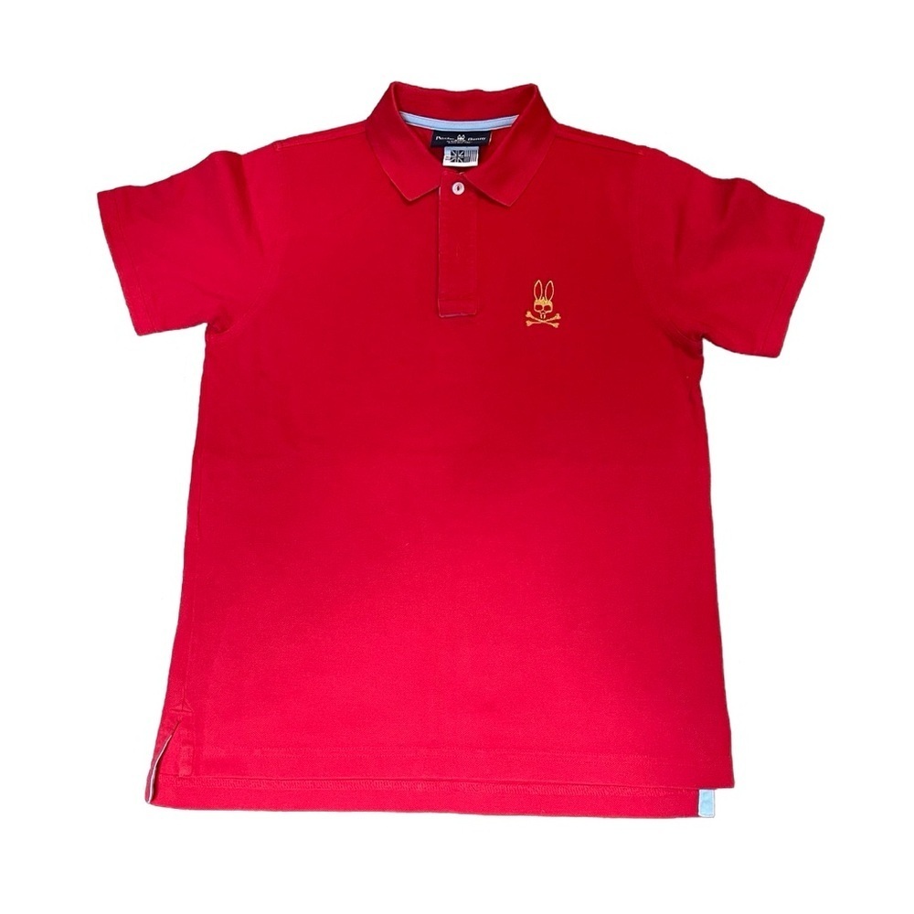 Psycho Bunny red with gold Bunny crossbows youth XL (18-20)polo short sleeve.